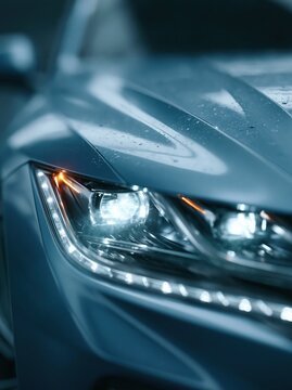 Close-up of a modern car headlight with LED daytime running lights on a rainy day