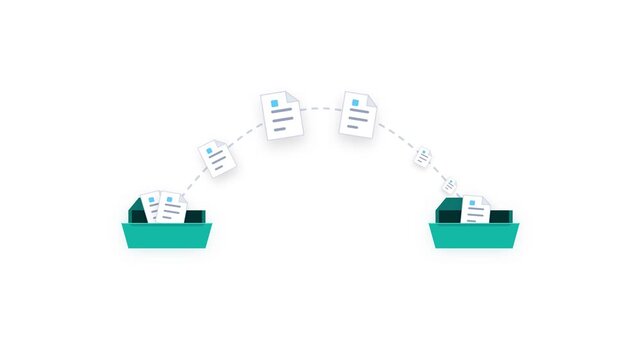 Transparent background flat vector file transfer animation featuring documents flying in a curved arc between two folders with 3D scaling and tilting depth.