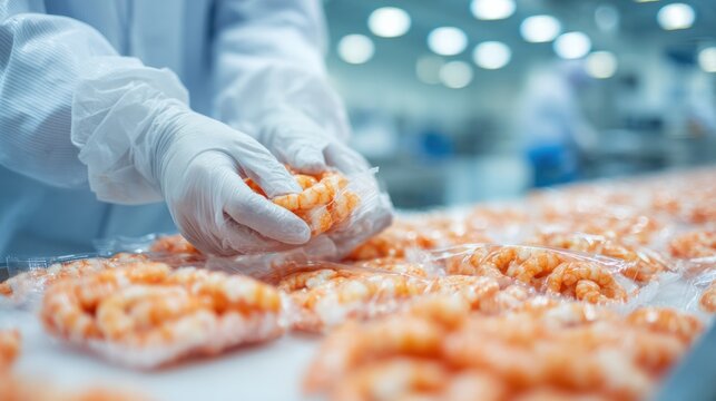 Fresh Shrimp Pack Hands in gloves sorting shrimp on a conveyor belt in a clean seafood processing facility.