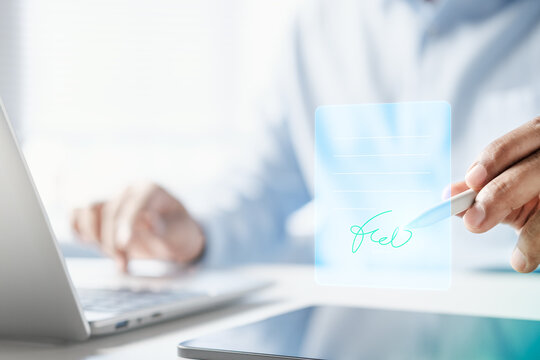 E-signature technology concept, Business professional using digital pen signing electronic document on tablet, virtual interface, secure online contracts, paperless workflow, digital transformation