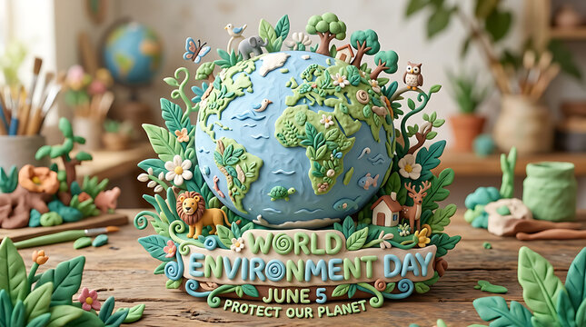 World environment day clay globe sculpture with animals and forest elements on wooden table environment sculpture sustainability conservation wildlife protection biodiversity