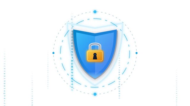 Transparent background cyber security animation featuring a glowing high-tech shield and animated locking padlock with data protection rings.