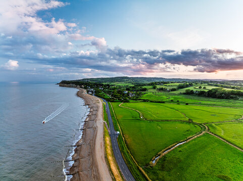 Marshes over Beach Rye Bay from a drone, Rye, East Sussex, England