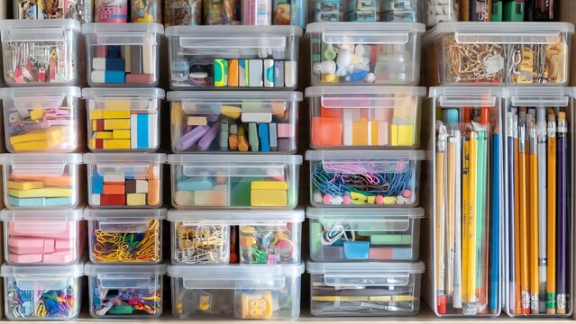 Organized storage boxes filled with colorful office supplies