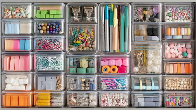 Organized craft supplies in transparent storage boxes for creative projects