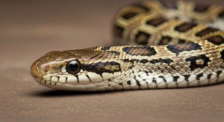 Obraz premium Close up portrait of a patterned corn snake on wooden surface.