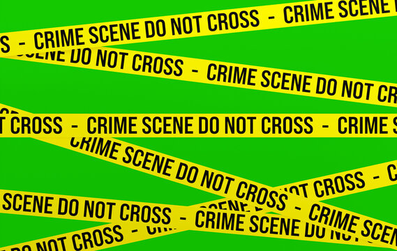 Crime scene do n ot cross, yellow police tapes. Background chromakey, green screen. Warning, crime scene analysis, forensic investigation.