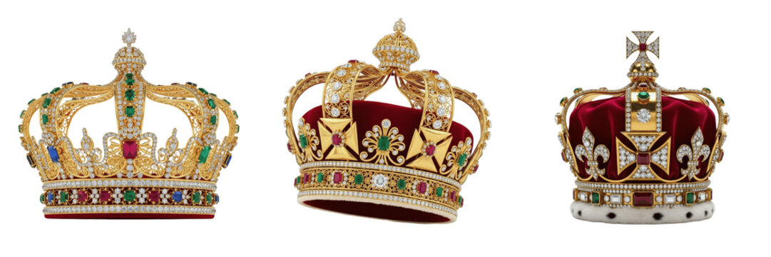 Regal collection of ornate golden royal crowns embellished with diamonds, rubies, emeralds, and sapphires on velvet lining, isolated on white background for luxury design and historical monarchy theme