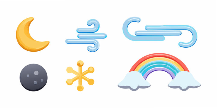 Colorful weather icons including a moon rainbow and snowflake