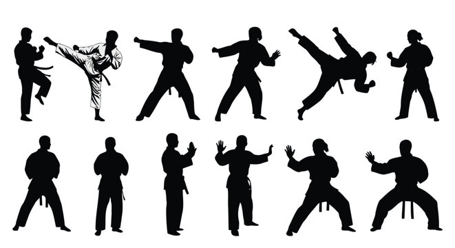 Martial arts karate silhouettes with various poses on clean white background