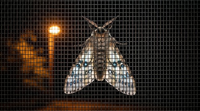Stunning Moth on Window Screen Illuminated by a Warm Glow in the Dark