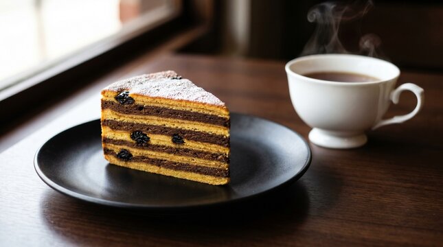 Slice of Indonesian traditional layer cake lapis legit with prunes served on a black plate. Gourmet food photography with a steaming cup of hot coffee or tea on wooden table