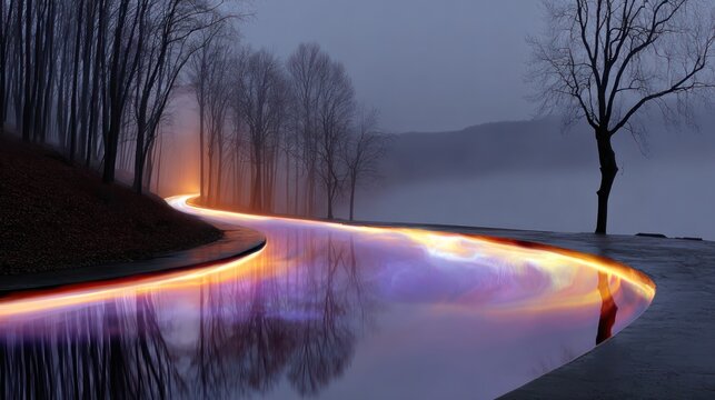 An illuminated pathway curves along still water, flanked by bare trees and fog