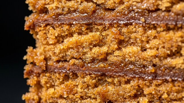 Extreme macro texture of Indonesian layer cake lapis legit spekkek. Close up details of moist brown sponge cake layers with sweet syrup on black background
