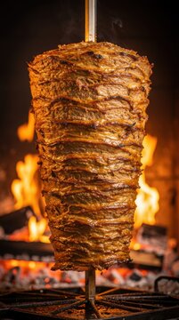 A large vertical stack of seasoned meat roasting on a spit over glowing coals and flames.
