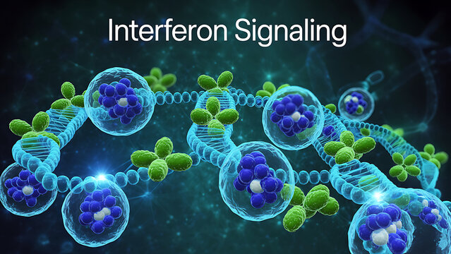 Interferon signaling pathway molecular structure with DNA and protein molecules interacting in a cellular process  biological response to viruses and pathogens
