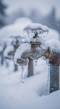 A frozen outdoor water tap covered in snow and icicles with droplets of water dripping from it in a wintry scene.