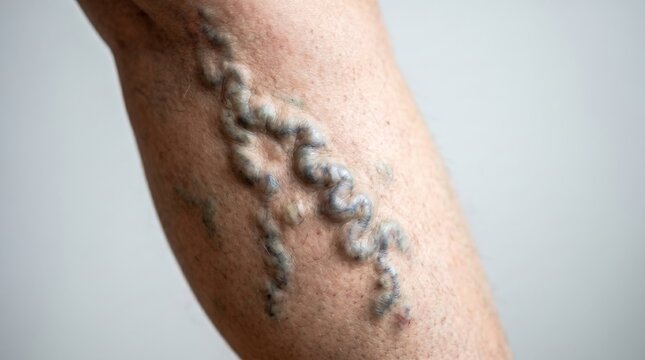 Severe varicose veins on lower leg of adult patient medical condition