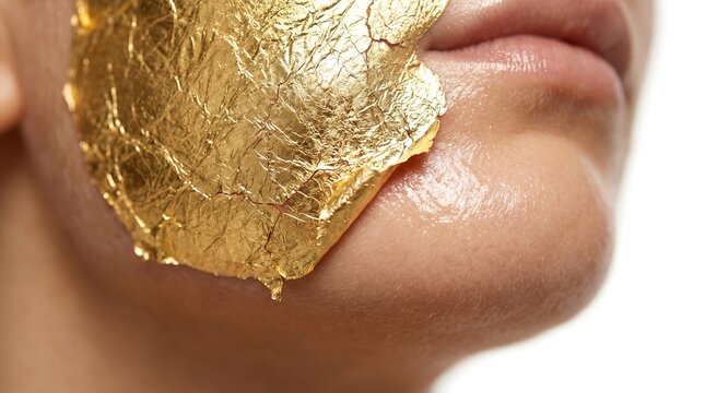 Close up of woman receiving luxury 24k gold leaf facial skincare treatment