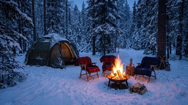 Peaceful forest campsite with bonfire center chairs tent concept. A serene winter camping scene with a glowing campfire and snow-covered trees.