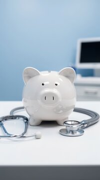 A white piggy bank on a desk with a stethoscope wrapped around it, symbolizing financial health or medical savings in a clean, professional setting.