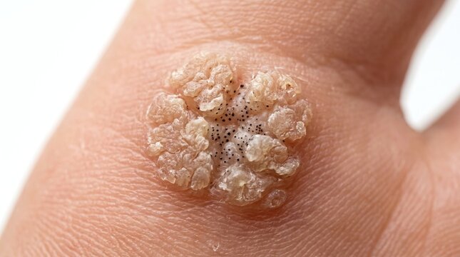 Macro view of common verruca vulgaris skin wart on human finger