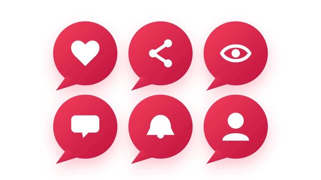 Animated social media notification icons with staggered pop-in heartbeat and wiggle micro-animations on dark background.