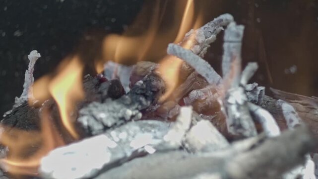 Macro footage of glowing hot coals and fire texture