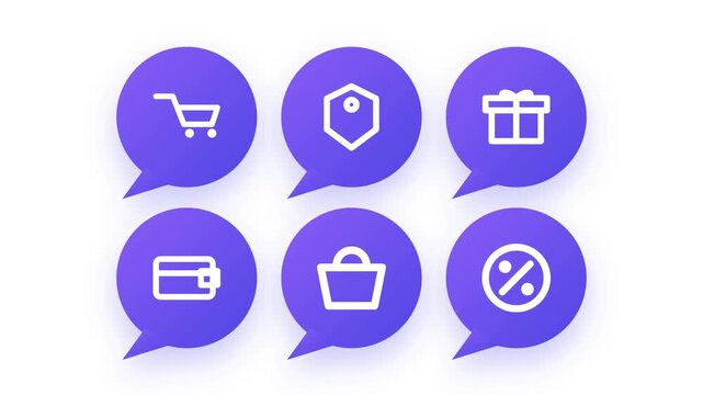 Animated social ecommerce notification icons with shopping cart payment and offer badge animations on dark background.