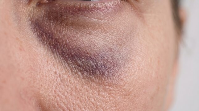 Close up of purple hematoma and black eye bruise under female eye