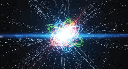 Fototapeta premium Vibrant atomic energy explosion with colorful orbiting electrons on dark background with blue line