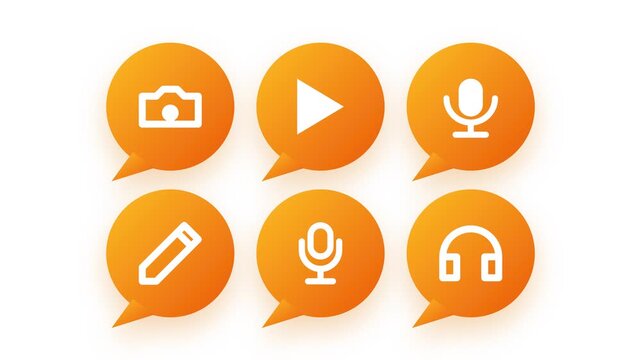 Animated social media content creation icons with camera edit and upload badge animations on dark background.