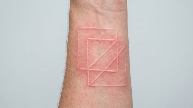 Raised wheals forming geometric shapes on forearm due to dermatographia skin condition