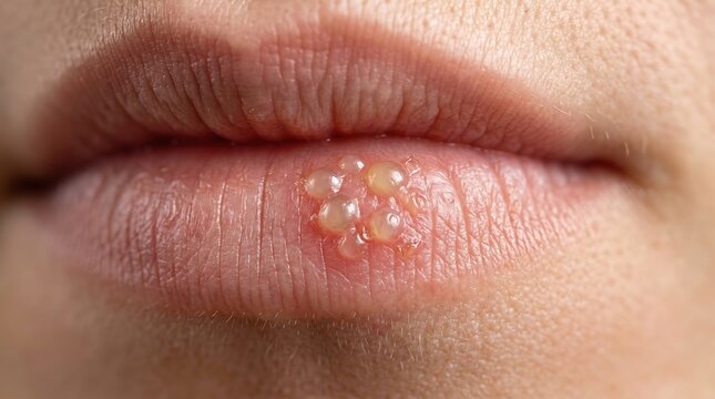 Fluid filled cold sore blisters from herpes simplex virus on female lower lip