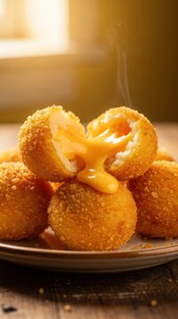 Golden, crispy cheese balls stacked on a plate, with one broken open to reveal creamy, melted cheese oozing out.