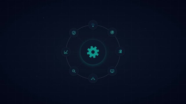 Animated infographic gear hub with orbiting cloud target chart monitor team search and shield icons on light background.