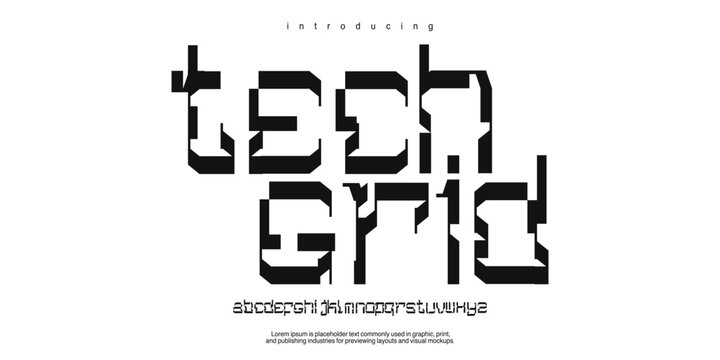 Tech Grid: A futuristic sci-fi display. Bold cyberfont for gaming logos, technology branding, and cyberpunk posters.