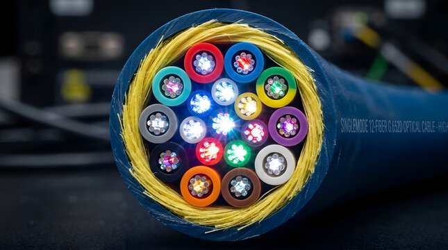 cross section of multi fiber optical cable with colorful illuminated strands