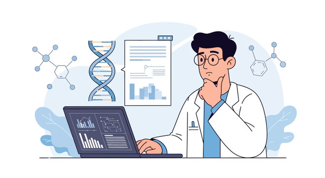 Scientist analyzing DNA data on laptop, genetic research concept illustration