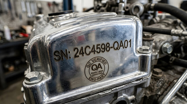 polished metal engine part with serial number and quality assurance stamp