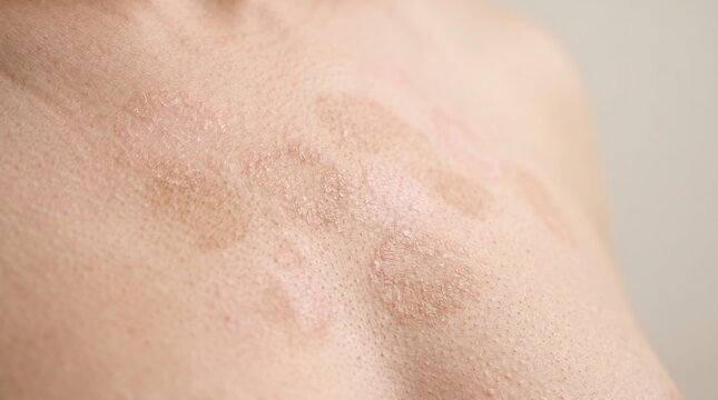 Flaky pityriasis versicolor fungal infection patches on patient upper chest