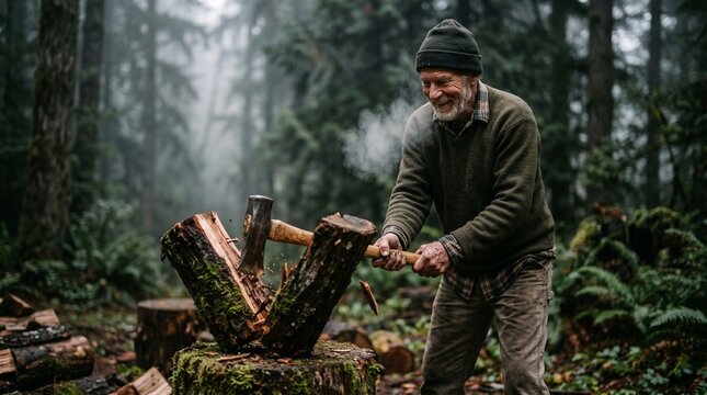 Happy senior man splitting firewood logs with an axe in a serene misty forest.