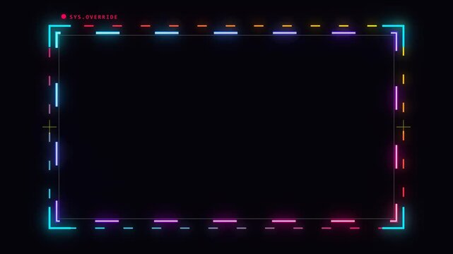 Futuristic neon cyberpunk animated border frame featuring fast-moving glowing dash arrays in cyan and magenta, dynamic crosshairs, and flashing override UI text on a dark background.