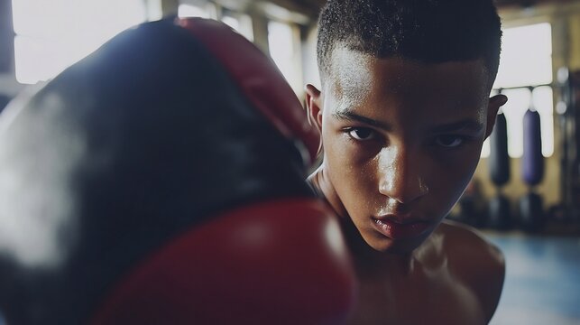 Young boxer shadowboxing with gloves on captured mid punch with focus on the gloves while training bags mirrors and gym equipment form a busy background