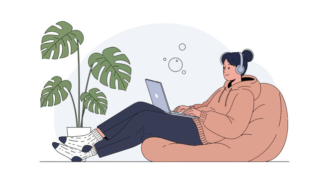 Cozy remote worker with headphones and laptop, relaxing with houseplant