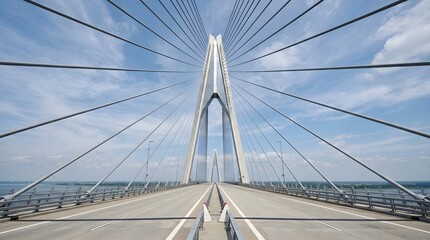 Fototapeta premium Modern Civil Engineering Infrastructure Symmetrical Cable Stayed Bridge Over Water