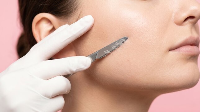 Cosmetologist performing dermaplaning facial exfoliation with scalpel on woman