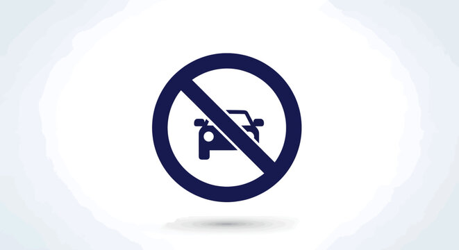 A dark blue no cars allowed sign, depicting a car silhouette inside a forbidden circle, against a white background.