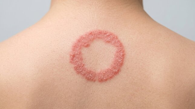 Distinct circular ringworm tinea infection rash on human back skin