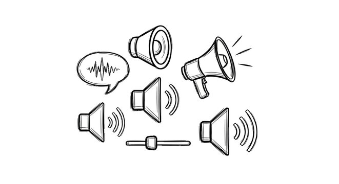 A collection of hand-drawn icons representing sound, volume, and communication, including speakers, megaphones, and a sound wave in a speech bubble.